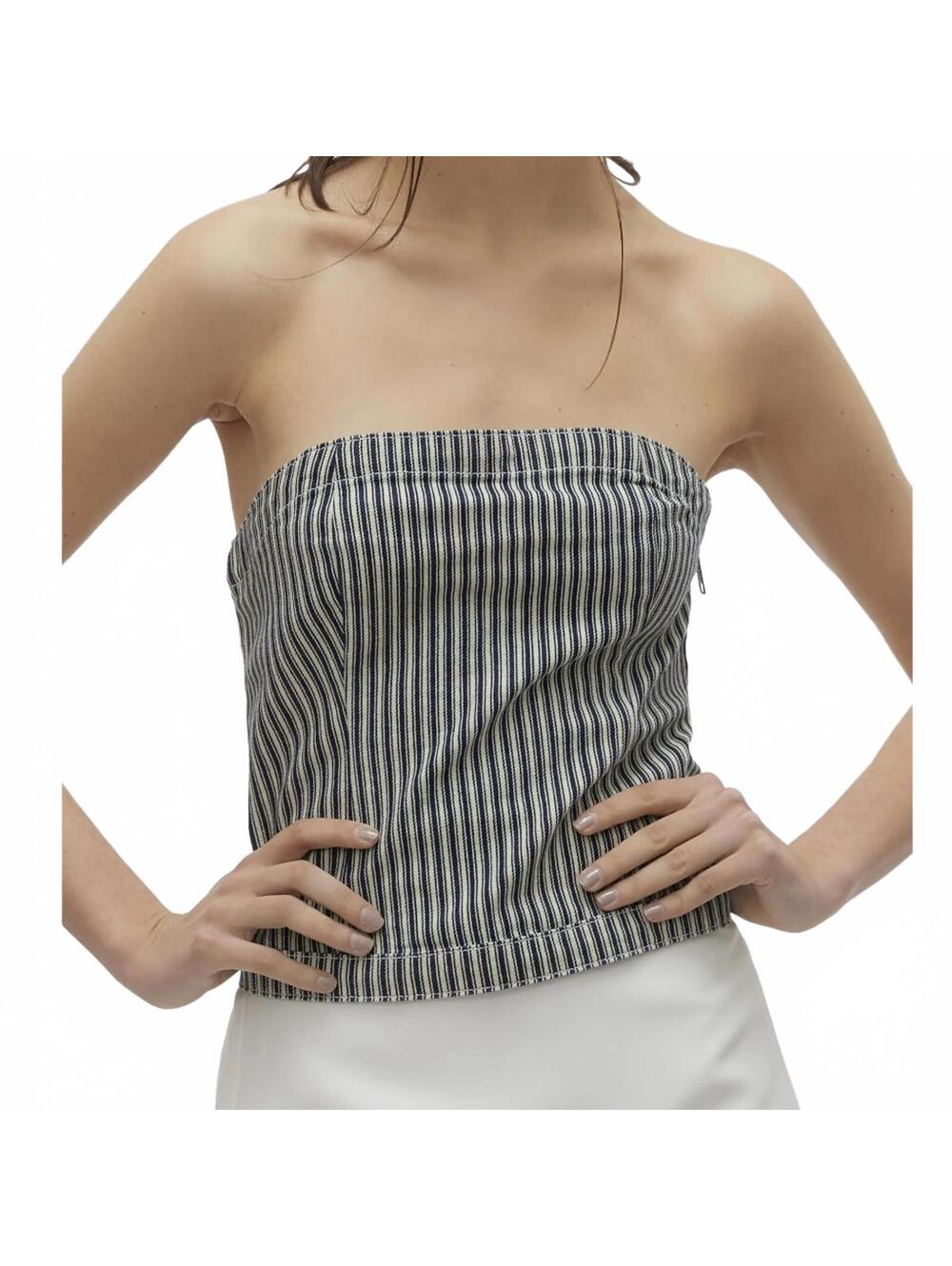 VERO MODA Ziva Stripe Strapless Denim Top X-Small, BLUE